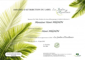 Diplôme Jardins d'Excellence décerné à Henri Mignon Paysagiste