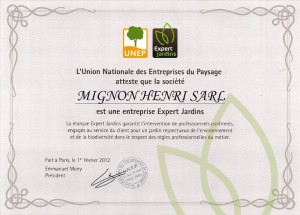 certificat décerné à Henri Mignon Paysagiste à Lorient reconnaissant l'appartenance au label Expert Jardin